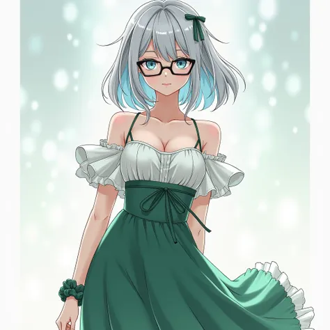 Art style: The Eminence in Shadows anime
Gender: Female
Hair style: Medium silver hair with a braid on the left her hair
Eyes: Blue eyes
Clothes: a green and white off-shoulder dress with frilled accents, featuring a white halter-style inner layer for cont...