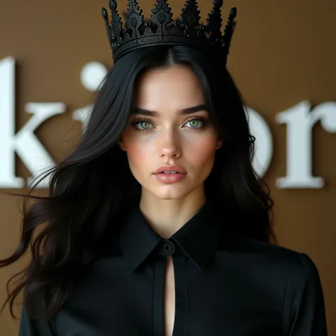 A very beautiful young girl with European features ,  black hair , light skin,  light green eyes and black formal shirt ,  also has a black kings crown , She is an attractive woman, realistic, 4k, The background says "KIOR" Which is very obvious