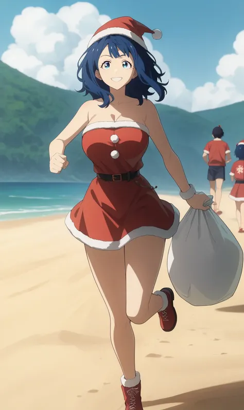 yanamianna, medium hair, blue hair, blue eyes, large breasts, santa clothes, shoulderless, santa hat, santa skirt, (santa’s beard, Santas sack:1.3), smile, running, from front, beach, masterpiece, best quality, high resolution, ultra-detailed, detailed bac...