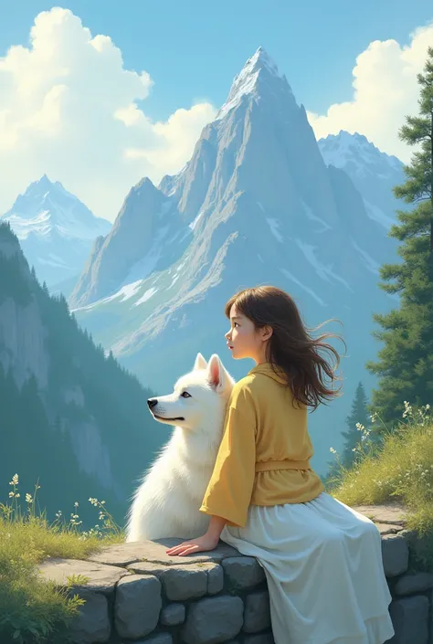 A girl dressed in a white dress with a yellow shawl flying in the wind sits on a ledge alongside her Samoyed dog 