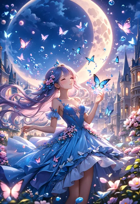  Flower Extravaganza ,  girl , ((Princess)), lush hair,  Beautiful Azure Dress, ( Perfect anatomy), Many Flying  (butterflies),  Bubble Magic ,  Very Beautiful Picture ,  Background Flower Field , moon, City seen ,  Complex details , ( Best quality ),  max...