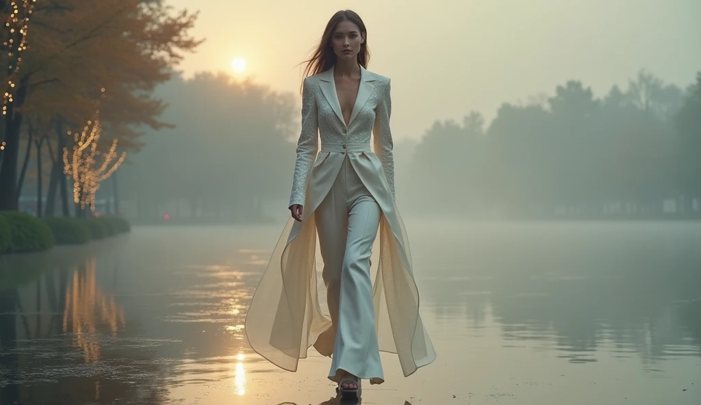  A stunning female model walks on the catwalk, Chanel Big Show ，Sophisticated and elegant clothing， Chanels style .  The scene is set on the West Lake side of Hangzhou , Water mist， Melancholy warm lighting ,  Bokeh lights shining in the background ,  Emph...