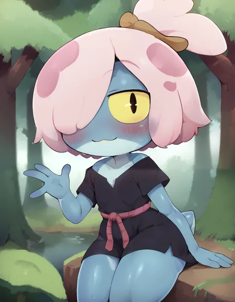 score_9, score_8_up, score_7_up, best quality, masterpiece, 1girl, solo, m4ddi3fl0ur, frog girl, pink hair, hair over one eye, topknot, slit pupils, yellow sclera, blue skin with light blue chest, frog tail, four fingers, short, black dress, bottomless, pe...