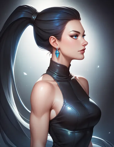 female sleeveless black leather turtleneck catsuit, bare shoulders, racerback, bare toned arms, beautiful faces, black ponytail with showing forehead, long ponytail, earrings, soft smooth skin, light pale skin, black background, blue eyes, sci-fi, assassin...