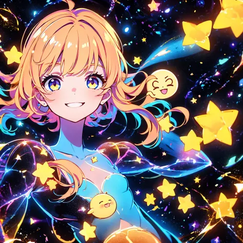 Chibi、cute、1girl, pretty face、Baby Face、((( dynamic best composition with a smile and staring at the top、 top quality、 greatest masterpiece、 super detailed、 high definition、 perfect anatomy )))、 black light 、 black light ボディペインティング、universe、Milky Way、star、...