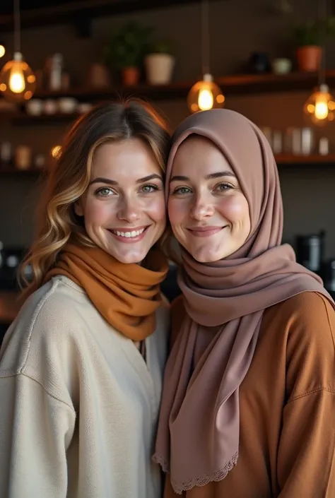 Two women, one wearing a hijab and one not, taking a selfie together in a cafe background.