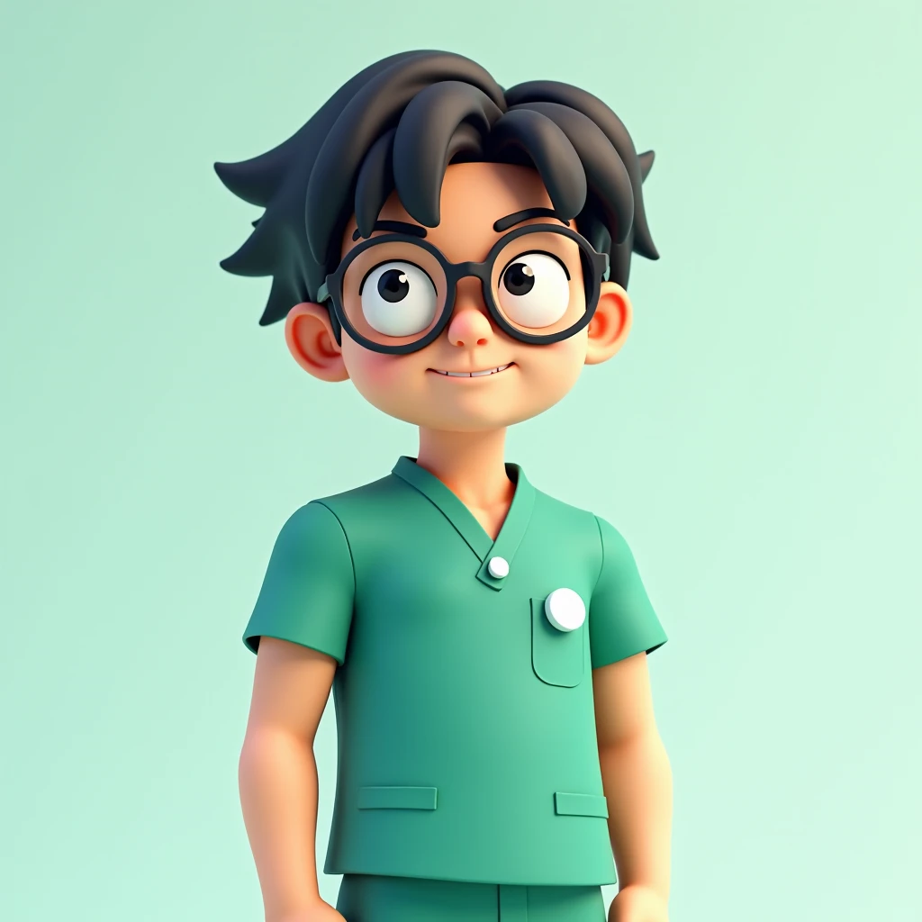 3d cartoon image of Doctor Kazuya from famous manga "Super Doctor  K" with black hair wearing a green scrubs and round glasses. High confidence