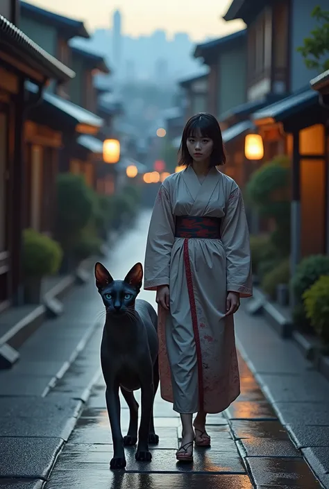  realistic  , The subject is "人間サイズのgray、 black sphinx cat 、 walking on tatami mat with a young woman in a kimono camisole", Stone steps in ancient Kyoto , Japan,  wet cobblestones with water splashes flying , gray、white、 girl standing on the stone steps w...