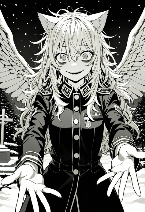 score_9,score_8_up,score_7_up,rating_safety,source_manga,masterpiece,best quality,hyper detailed,super fine illustration,8k,(monochrome:1.5),cinematic angle,SFW,BREAK 1girl,27yo,solo,cat ears,(gray hair,long hair,messy hair),(crazy eyes,bugs under eyes),cr...