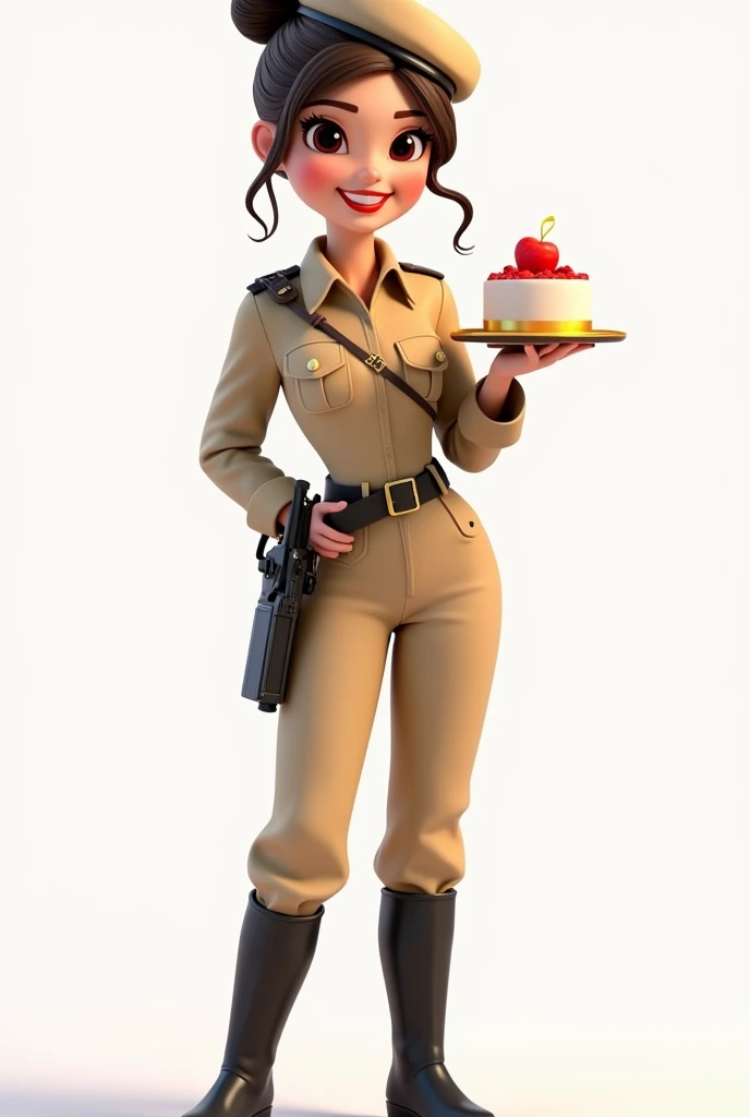 A beautiful smiling woman in Pixar 3D, with a bun in the hair  ,wearing a beret around half the head in the color beige read,wear red lipstick,She is standing in the scene with a white background , she wears a military brigade uniform in the color beige re...