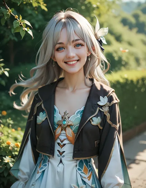 Masterpiece, hd, (1girl, solo, solo focus), fireflydef,smile, grey hair, long hair, jacket, dress, hair ornament, looking at viewer, realistic, standing, outdoor 
 