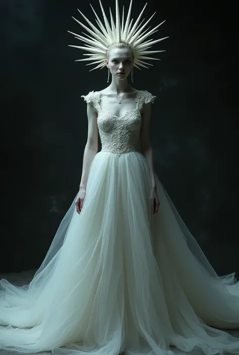 A lady in white dress with a crown of spikes 