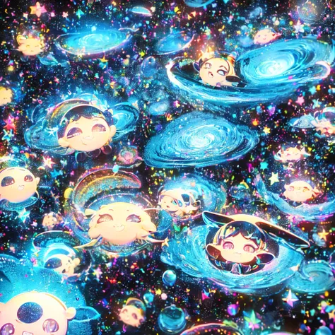 Chibi、cute、1girl, pretty face、Baby Face、((( dynamic best composition with a smile and staring at the top、 top quality、 greatest masterpiece、 super detailed、 high definition、 perfect anatomy )))、 black light 、 black light ボディペインティング、universe、Milky Way、star、...