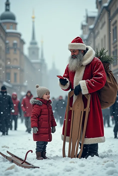 Okay, the reenactments of Warsaw in 2024 only made it snow, that is, in winter and that there would be a girl of  if Nikolay has broken sleds standing in the center with Nicholas, Nikolaev himself is dressed in a red suit and has such a bag with gifts and ...