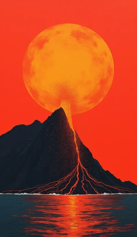 masterpiece,  two-color abstract painting in red and orange ,Volcanic eruption,Volcano and ocean , High mountain,Volcano erupts magma ,Magma flowing into the ocean , fine dust , with a dynamic strong contrast of the eruption、 the ocean has a soft tone , to...