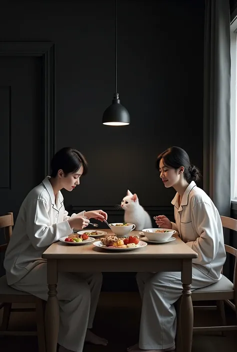 Create Hyper-realistic image of A white cat and a couple sitting at the dining table eating food. Make the house color black on white and make the couple’s clothes into pajamas. 