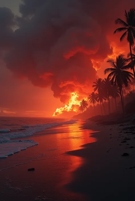 On a beach ,the night, the moon clouds and the sky is red ,pantai hancur lebur,lots of burning trees , ex explosion there are where,  Visible from afar 