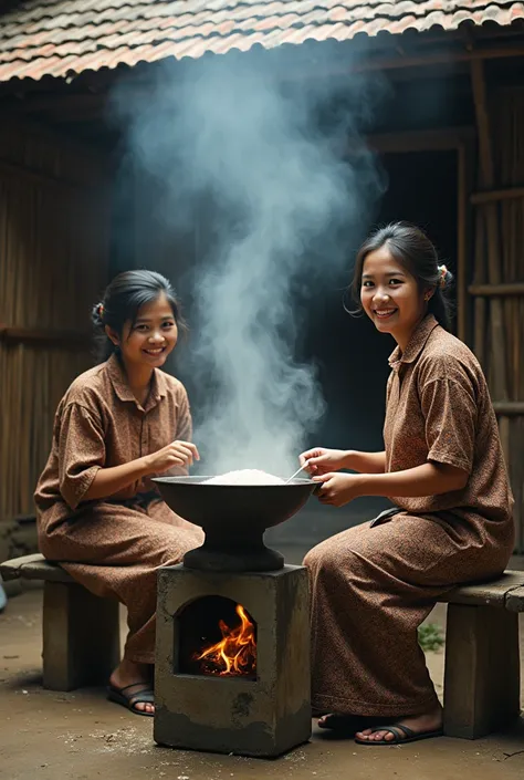 vintage photo, naturalistic ,  recreates the image of 2 young Indonesian women with their old-time hairstyles ,  they wore a dull color batik kebaya of 1960s vintage and a vintage batik sarung,  sitting on a small bench  (dingklik )  while cooking rice usi...