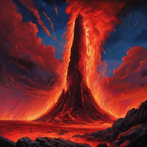 lava flow, Volcano explosion , Tall Pillar of Fire , Night Sky, Red glow,  red as iron, Broken rocks, sparks fluttering in flames 