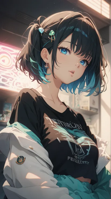 
A young woman with glossy ((black)) short hair, styled with slightly longer side bangs. She has striking light blue eyes and wears a light blue hairpin. Her outfit consists of a short-sleeve white button-up shirt, with a black long-sleeve T-shirt visible ...