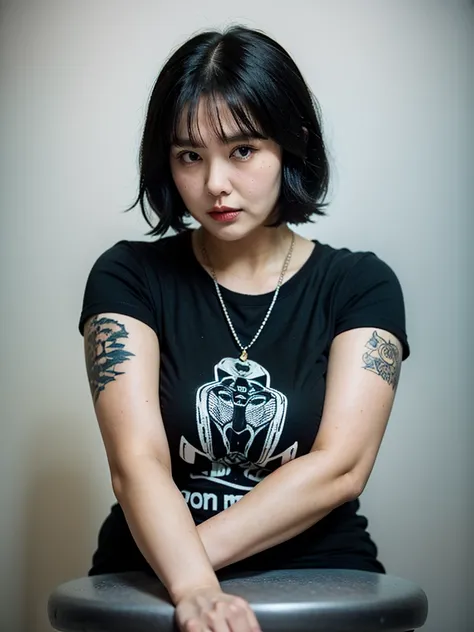 ((((Bbw milf)))) a woman with tattoos on her arms and a tattoo on her arm, short hair, shirt, black hair, short sleeves, necklace, black eyes, lips, head rest, print shirt