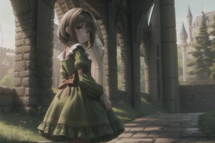   An image shows the background of a girl with messy brown hair（ Green Dress ，Western，grace），There is a teenager in the back , The background is red but blurry   ，outdoor，castle