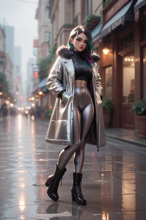  1 girl in extremely tight shiny metallic fur coat, multicolor hair , Lens reflection, Gegenlicht,  reflecting light , leggings, make-up, high boots ,  are in the rain 