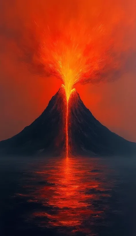 masterpiece,  two-color abstract painting in dark red and orange ,Volcanic eruption,Volcano and ocean , High mountain,Volcano erupts magma ,Magma flowing into the ocean , fine dust , with a dynamic strong contrast of the eruption、 the ocean has a soft tone...