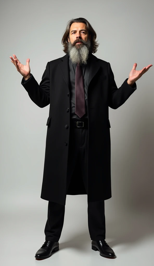 Explaining Gesture Pose

"A professional man with a long beard, medium-length hair, dressed in a black coat, shirt, tie, pants, and black shoes. Both hands are raised, with palms open as if explaining an idea in a charismatic and engaging manner."