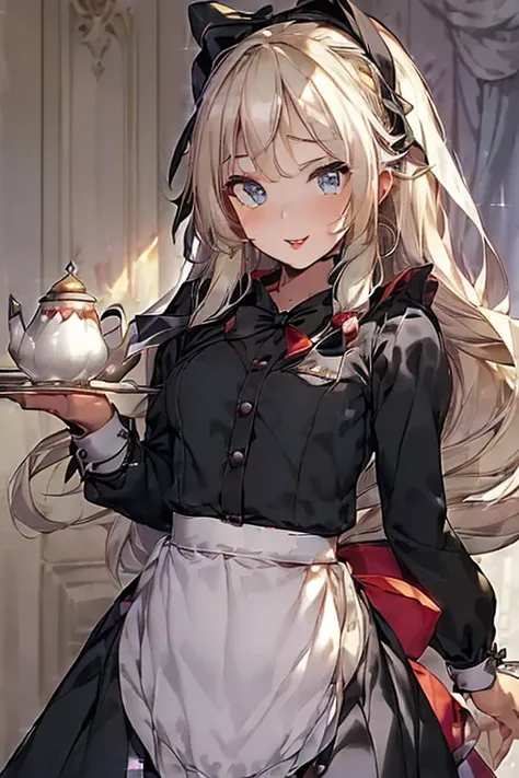 (perky chest:1.2), (pointed chest:1.2),(((Black Tunic:1.3))),(((cakes and bread in the basket),Cute and beautiful girl,Cute round face,Cute smile,with blush cheeks,Red Lip,a girl 22 years old, nsfw:1.2, beautiful body:1.3), shinny skin, BREAK, ((alice in t...