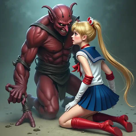 (((Hyper realism))), a realistic picture of Sailor Moon is captured by a big fierce devil and kneeling on the dirt, a small head young woman is wearing a Sailor Moon costume, beautiful Japanese girl face, Being restrained, ((Blue sailor collar, Navy blue s...