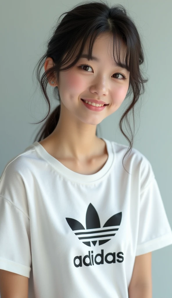 Cute Japanese woman wearing an adidas t-shirt standing facing the front with a headshot