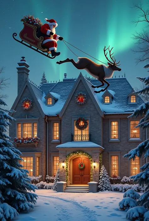 A hyper-realistic scene of Santa Claus landing his sleigh on the expansive,  Massive Snow-Covered Roof , Luxury apartment.  The roof tiles shine in light frost ,  And the snow that has just fallen captures intricate patterns , Crisp details.  The mansion b...