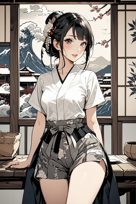  masterpiece ,  Great Quality ,  top quality,  high definition , 4K, 8k, 超 high definition , 
 Ukiyo-e painting style , monotone world ,
1girl,   paper bag waist shorts, skirt .,  perfect eye details , Japanese tourism ,
