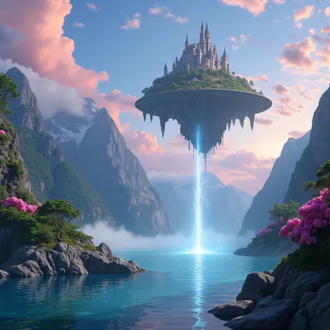 8k, highest quality, masterpiece, final fantasy style: 1.2), (Realistic, photoRealistic: 1.37), Dreamy landscape, epic scenes, sunset, Fantastic, Unsurreal landscapes, Super detailed,((( Flying ancient  Castle above the clouds, Floating Island in the Sky, ...