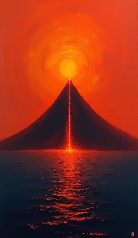 masterpiece,  two-color abstract painting in dark red and orange ,Volcanic eruption,Volcano and ocean , High mountain, cone-shaped peak ,Volcano erupts magma ,Magma flowing into the ocean , fine dust , with a dynamic strong contrast of the eruption、 the oc...