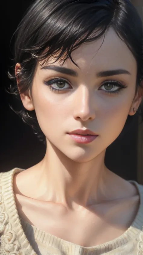 (masterpiece:1.3), (8k, photorealistic, RAW photo, best quality: 1.4), (1girl), beautiful face, (realistic face), (black hair, short hair:1.3), beautiful hairstyle, realistic eyes, beautiful detailed eyes, (realistic skin), beautiful skin, (sweater), absur...