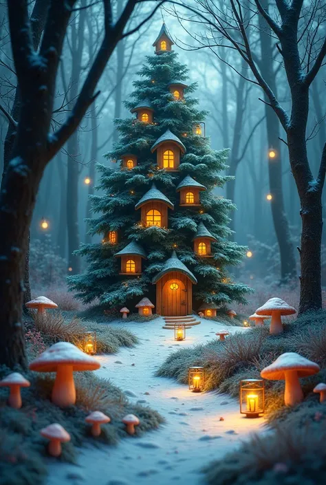 A hidden forest path lined with glowing mushrooms and small lanterns hung by mischievous elves. A decorated evergreen tree stands at the end of the trail, surrounded by tiny elf houses built into tree trunks. Snow sparkles on the ground, and faint giggles ...