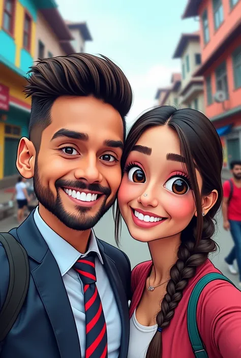 Selfie with Nepali bf having messi hair in street using snap cartoon filter in Nepal wearing tie