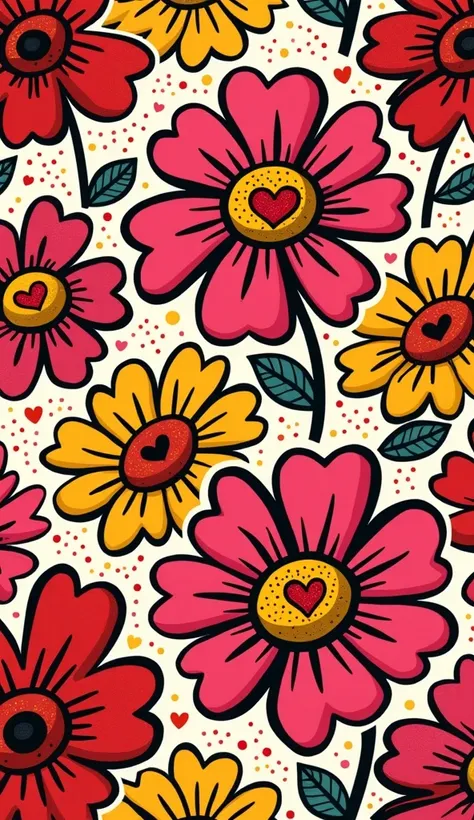 "A playful pop-art Valentines Day pattern featuring stylized flowers with heart-shaped petals. The flowers are large and bold, with bright red, pink, and yellow petals outlined in thick black. The centers of the flowers are small hearts, and the background...