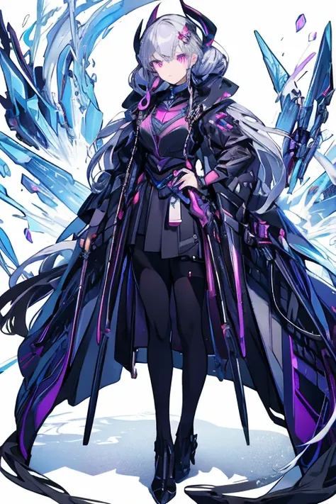  A serious anime girl with long, braided white hair and intense violet eyes, dressed in a dark silver and black suit with sharp, angular armor plating. She’s standing with one hand on her hip, her other hand resting on a futuristic weapon holstered at her ...