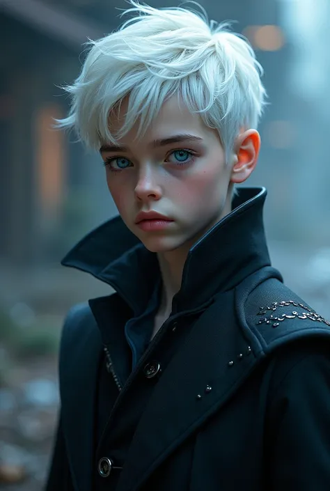 a beautiful young boy, (Killua Zoldyck:1.4), white hair, sharp blue eyes, detailed face, pale skin, handsome features, elegant posture, confident expression, dark outfit, fantasy art style, cinematic lighting, dramatic colors, hyper detailed, (best quality...