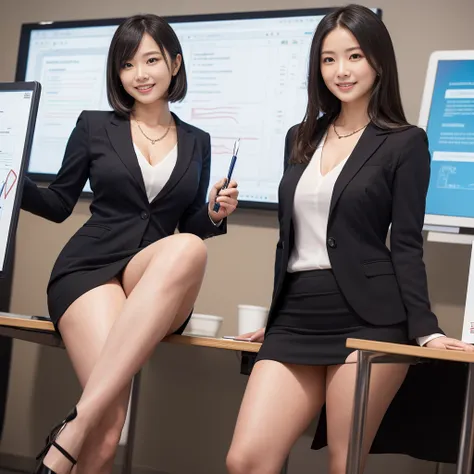 "A stunningly beautiful and intelligent Japanese woman in her early 30s with an alluring presence. She is wearing an elegant necklace and smiling warmly. She is a seminar instructor standing near a whiteboard displaying pie charts and bar graphs. Dressed i...