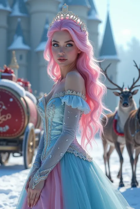 mix pink and blue full body supermodel with seven colors and Santa Claus, full body charming and super sexy woman in snow princess costume, snow princess, super beautiful ice queen with detailed, meticulous facial features, big beautiful sharp eyes, soft s...