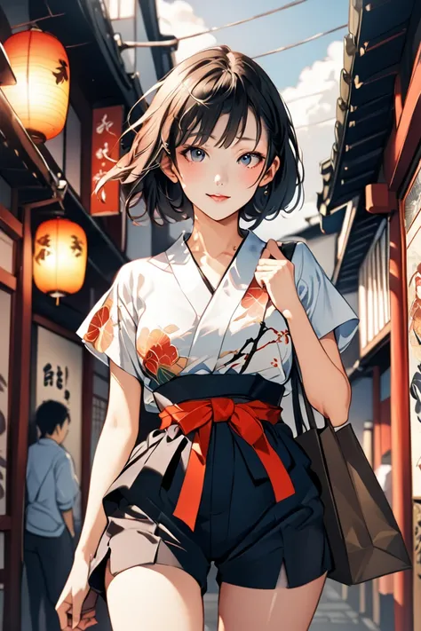  Masterpiece  ,  Great Quality ,  top quality,  high definition , 4K, 8k, 超 high definition , 
 Ukiyo-e painting style , Colorful World,
1girl,   paper bag waist shorts, skirt .,  perfect eye details , Japans Tourist Streets ,
