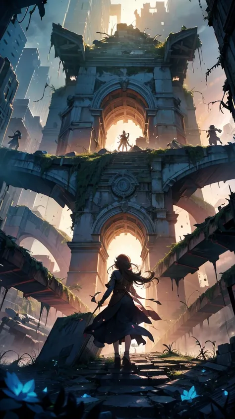 “An ancient city, long abandoned and overgrown with vines, is crumbling into ruins as the ground beneath it begins to collapse. Massive stone structures are falling into deep chasms, and a glowing portal is seen at the center of the chaos, pulling debris a...