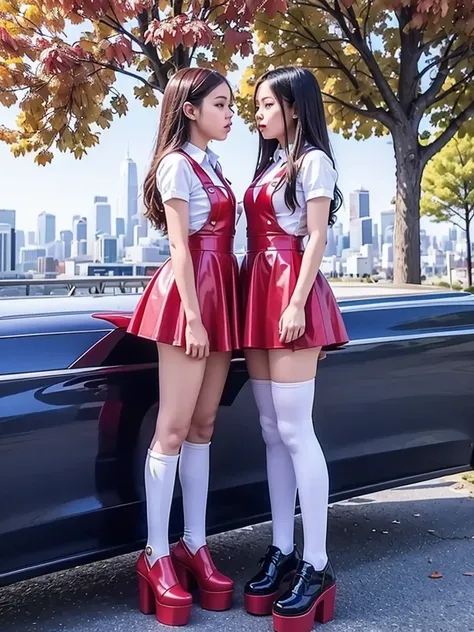 Two full bodies , two cute   lolly beautiful schoogirls, beautiful cute teen faces with big lips , High Waisted red leather skater pinafore dresses, blouses short puffy sleeves , High Waisted red leather skater fluffy pinafores dresses, red ties, brunette ...