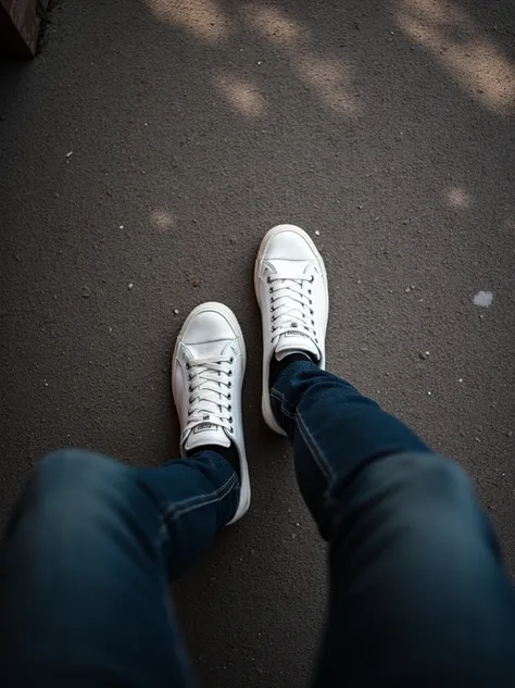 The color of putting the toe part of a mans sneaker about shoulder-width apart to face the sneaker in the photo is white