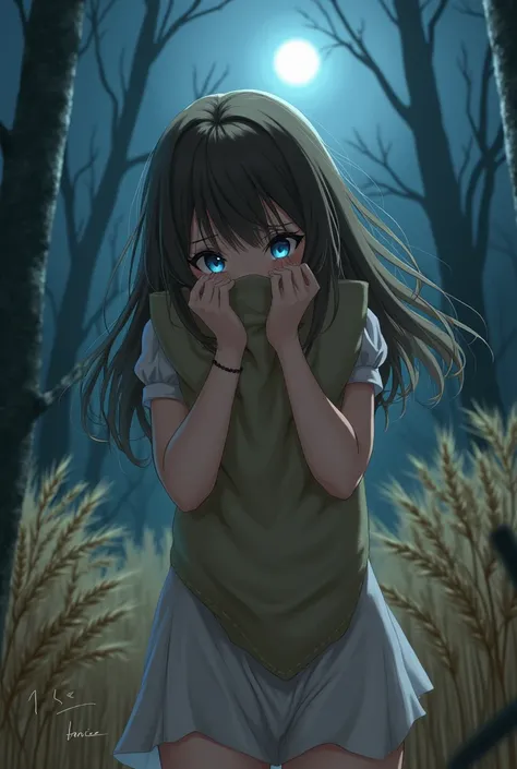 Anime girl , skinny, Brown long hair, blue eyes, cried embarrased face, Full naked, using hands and holding wheat bag to cover body in dried forest with spotlight and moonlight on her on midnight