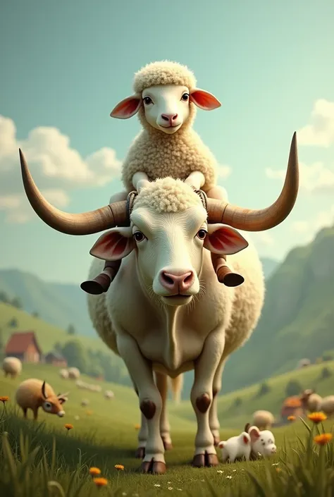 A sheep rides a cow 